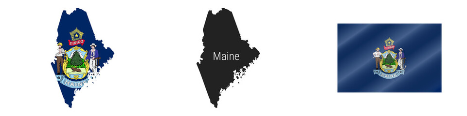Maine US state detailed flag map. Detailed silhouette. Waving flag. Vector illustration