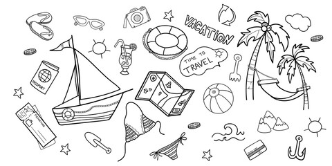 Beach theme doodle set. seaside sport activities