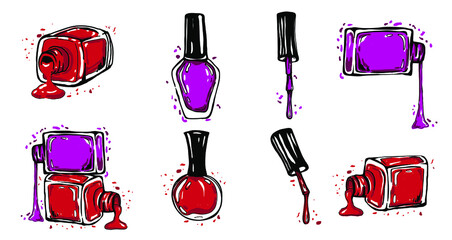 Collection of nail lacquer bottles with grunge effect. Vector illustration. 