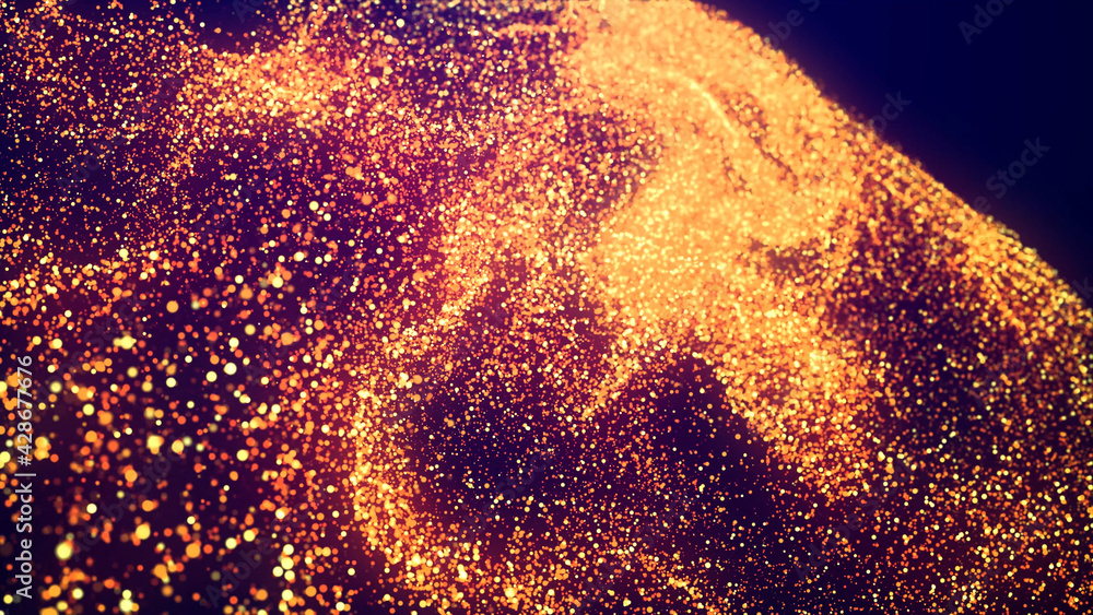 Poster abstract bg, golden magic glitters fly in air form beautiful swirls. fiery sparkles float in viscous