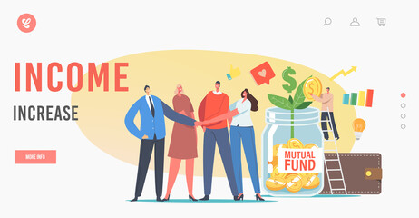 Income Increase, Mutual Fund Landing Page Template. Colleagues Characters Join Hands, Tiny Businessman Put Gold in Jar