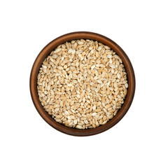 pearl barley in clay bowl isolated on white background, top view