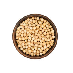 chickpea in clay bowl isolated on white background, top view