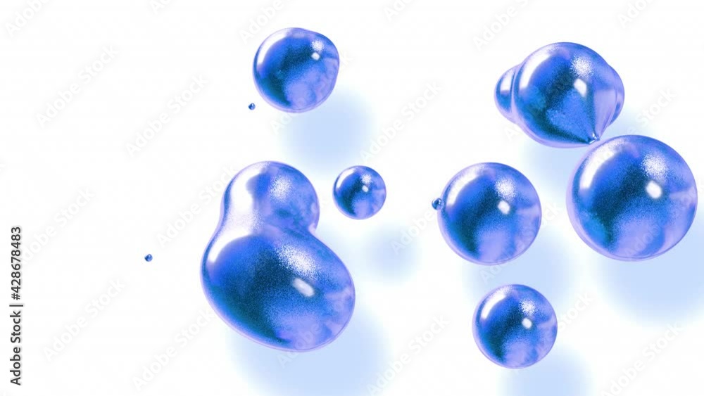 Poster amasing abstract background of metaballs as if glass drops or spheres filled with blue sparkles merg