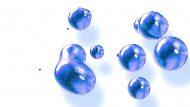 amasing abstract background of metaballs as if glass drops or spheres filled with blue sparkles merge together and scatter move around cyclically in 4k. Looped seamless animation with glisten bubbles.