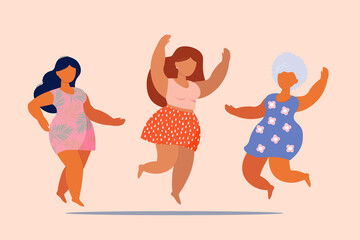 Happy fat women dance. A plus-size female with excess weight. Vector illustration. All bodies are beautiful Body positive.