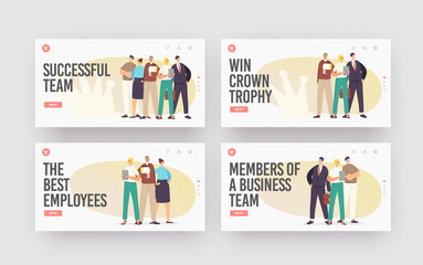 Successful Business Team Landing Page Template Set. Businesspeople Characters Stand in Confident Pose Hold Documents