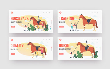 Equestrian Horseback Sport Training Landing Page Template Set. Stableman or Trainer Characters around of Stallion