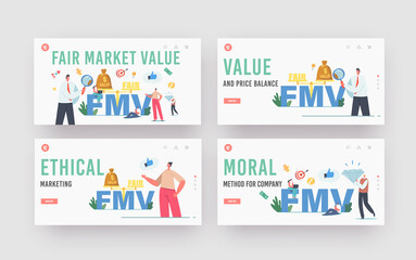 Fair Value Market, FMV Landing Page Template Set. Tiny Businessmen and Businesswomen Characters with Huge Magnifier