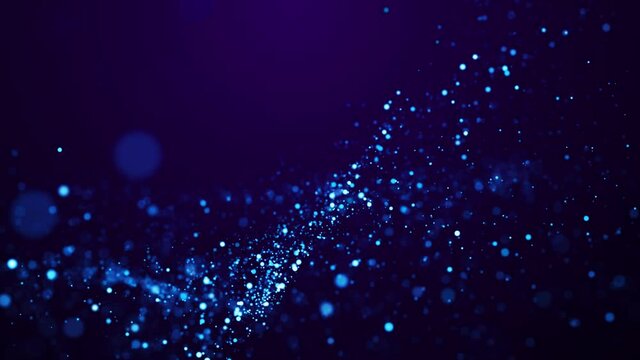Blue glow particles float in viscous liquid with bokeh. Magical sparkles of light form abstract structures. Fantastic background in 4k for festive events. Luma matte as alpha channel. 3d render