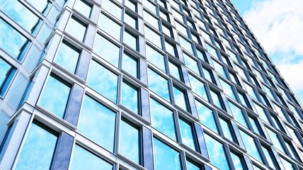 Obraz premium Abstract closeup of the glass-clad facade of a modern building covered in reflective plate glass. Architecture abstract background. Glass wall and facade detail. Velvia graphic filter.