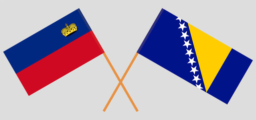 Crossed flags of Liechtenstein and Bosnia and Herzegovina. Official colors. Correct proportion