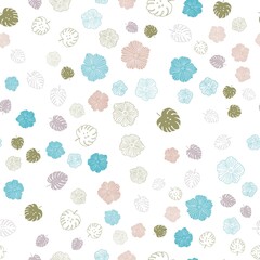 Light Blue, Yellow vector seamless doodle background with leaves, flowers.
