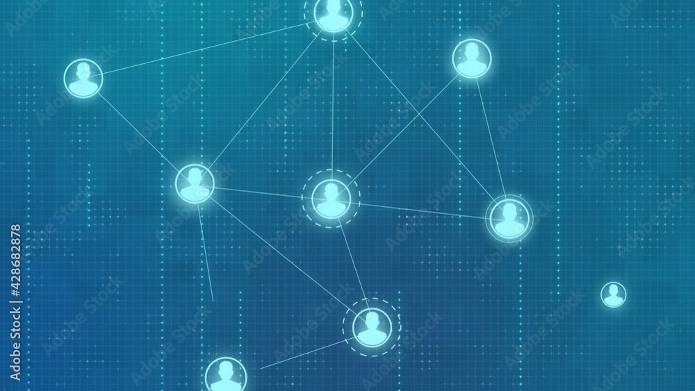 Poster abstract tech animated background of avatar icons connected. global communication, social network, t