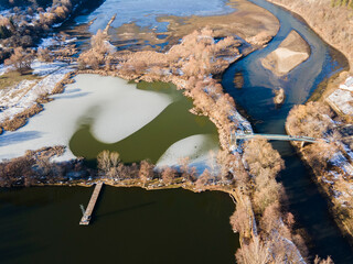 Fototapeta premium Aerial winter view of Pancharevo lake, Bulgaria