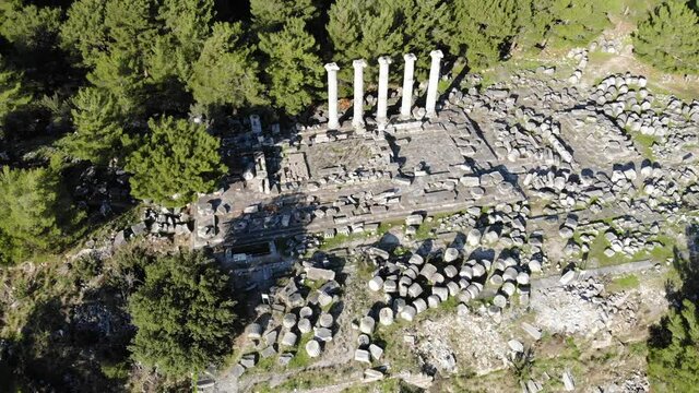 Temple of Athena Polias in the ancient Priene. View from above. Turkey