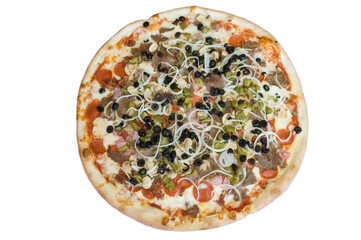 A supreme pizza with pepperoni, sausage, bacon, ham, garlic, onions, green peppers, olives and mushrooms.