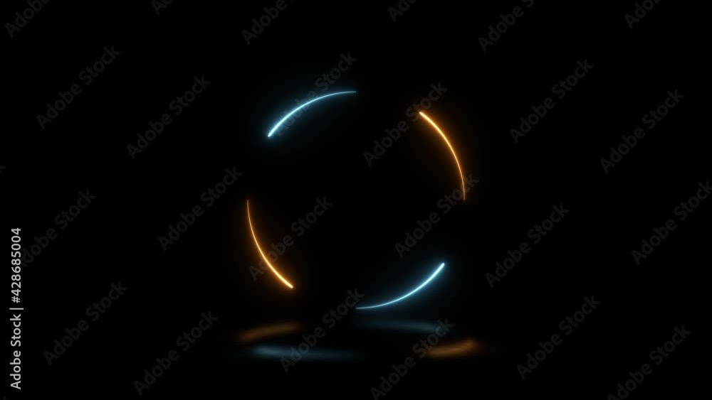 Poster round shape with light blue and orange neon lights with reflections on a black background. seamless 