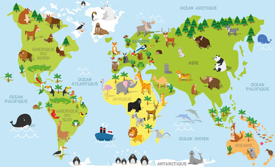 Funny cartoon world map in french with traditional animals of all the continents and oceans. Vector illustration for preschool education and kids design