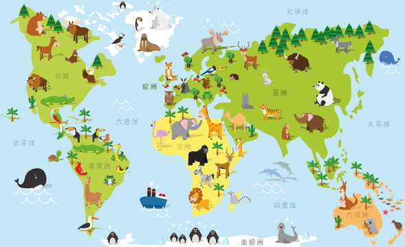 Funny cartoon world map in chinese with traditional animals of all the continents and oceans. Vector illustration for preschool education and kids design