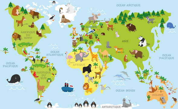 Funny cartoon world map in french with traditional animals of all the continents and oceans. Vector illustration for preschool education and kids design © asantosg