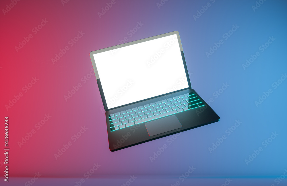 Aufkleber gaming laptop float with color led keyboard glow at abstract background. 3d render