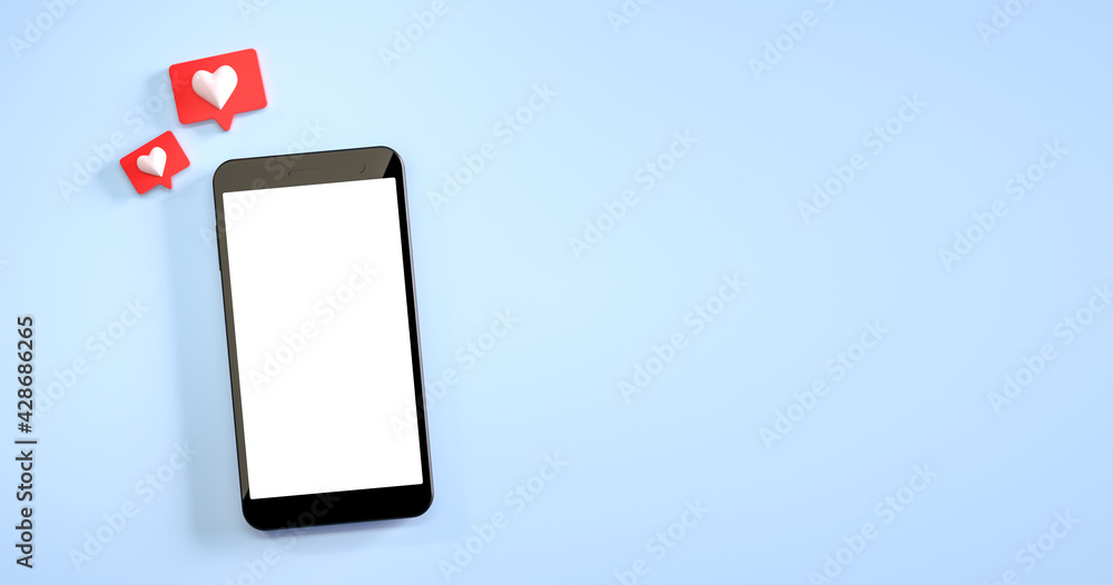Poster mobile phone mockup with a like notification at blue background. 3d rendering