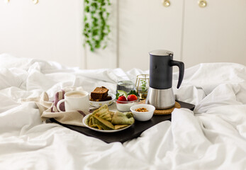  Breakfast on bed with mocha pot - Lentil crepes, strawberry & yogurt