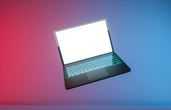Gaming laptop float with color led keyboard glow at abstract background. 3d render