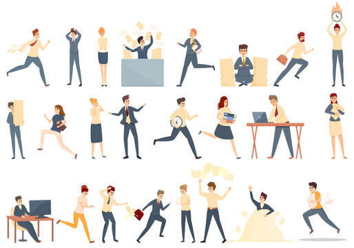 Rush job icons set. Cartoon set of rush job vector icons for web design