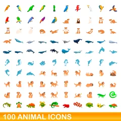 Fototapete Einhörner 100 Tierikonen eingestellt. Karikaturillustration von 100 Tierikonenvektorsatz lokalisiert auf weißem Hintergrund