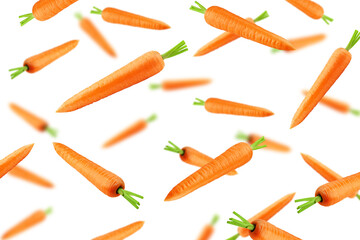 Falling carrot isolated on white background, selective focus