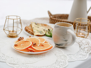 breakfast on a table in snow