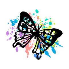 Isolated linear Hand Drawn Butterfly with patterned Wings. The Butterfly is depicted on an Abstract Background with drawned spray of Droplets. Vector illustration. Blue, pink, yellow colors. Top view.