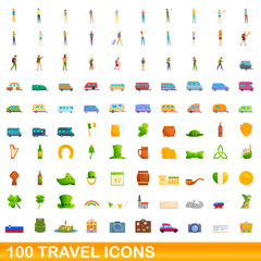 100 travel icons set. Cartoon illustration of 100 travel icons vector set isolated on white background