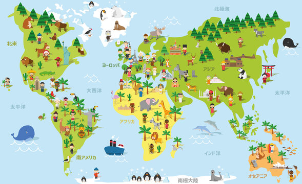 Funny cartoon world map with childrens of different nationalities, animals and monuments of all the continents and oceans. Names in japanese. Vector illustration for preschool education