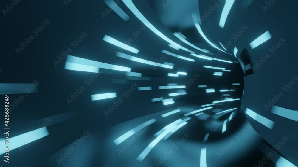 Poster fast movement inside round tunnel with light blue lights. seamless looped simple motion graphic anim