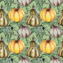 pumpkins with leaves watercolor pattern