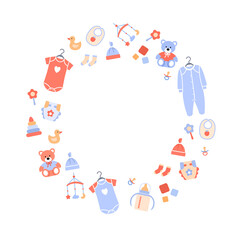Baby background. Flat color circle frame with cute children toys. Design element for baby shower card decoration, invitation template with place for your text. Cartoon child border vector illustration