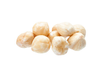 hazelnuts peeled walnuts round pile close-up of protein healthy food isolated on white background, nobody.