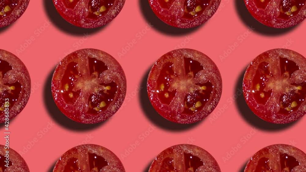 Poster geometric pattern with tomato slices on a coral background. simple motion graphic food concept seaml