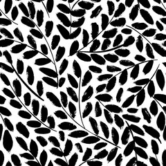 Leaves and branches vector seamless pattern. Black brush leaves and twigs. Olive branch modern ornament. Black ink texture with foliage. Hand drawn eucalyptus, laurel twig. Abstract plant motif