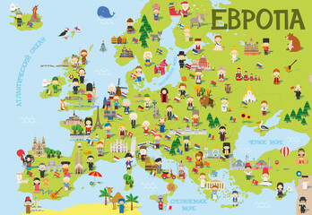 Funny cartoon map of Europe in russian with childrens of different nationalities, representative monuments, animals and objects of all the countries. Vector illustration for preschool education