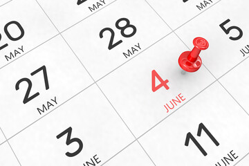 3d rendering of important days concept. June 4th. Day 4 of month. Red date written and pinned on a calendar. Summer month, day of the year. Remind you an important event or possibility.