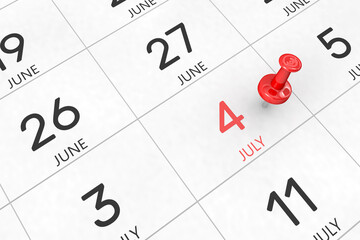 3d rendering of important days concept. July 4th. Day 4 of month. Red date written and pinned on a calendar. Summer month, day of the year. Remind you an important event or possibility.
