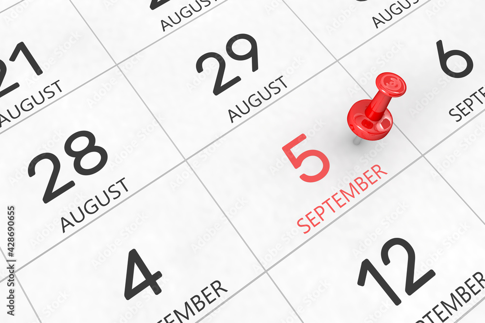 Poster 3d rendering of important days concept. september 5th. day 5 of month. red date written and pinned o