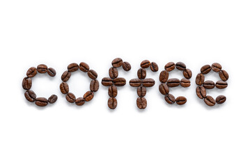 Coffee word made from coffee beans on white