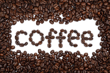 Coffee word, frame made from roasted coffee beans on white