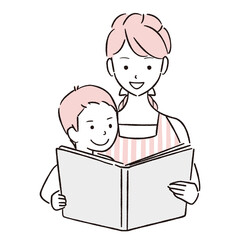 手描き1color 　読み聞かせ　息子と母親