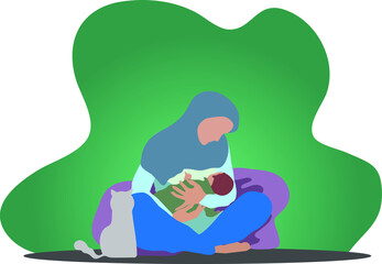 Breastfeeding concept. Woman feeding a baby with breast, sitting on couch. World breastfeeding day. Vector illustration in flat style.- 428691052